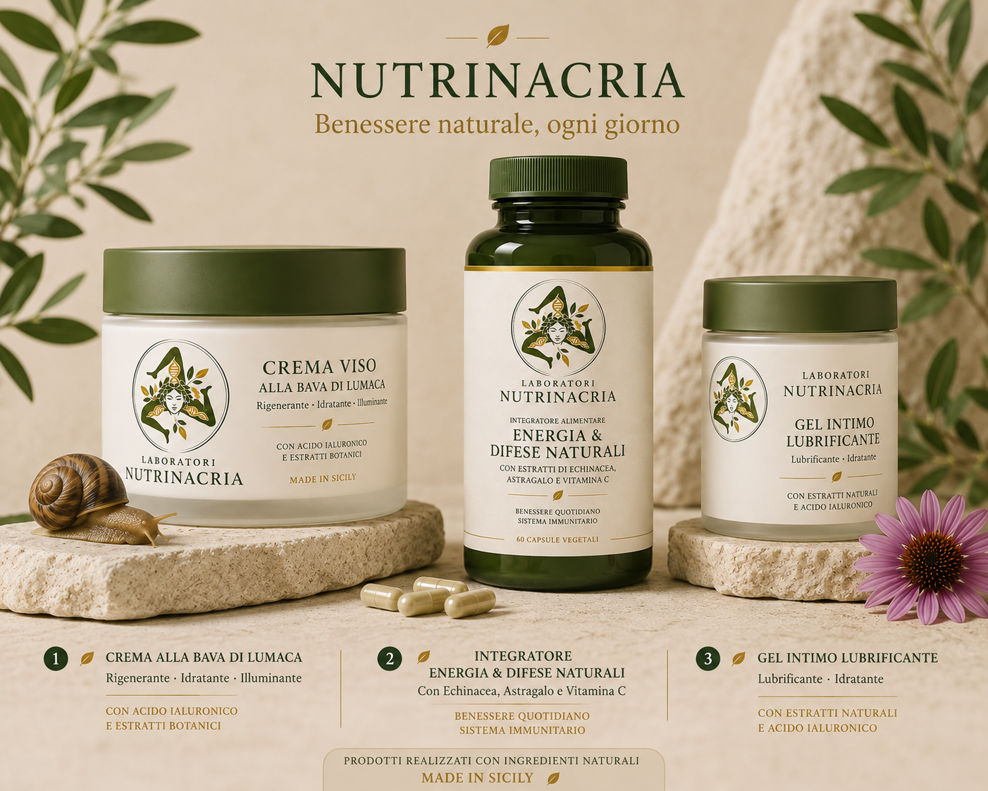 I tre prodotti Nutrinacria fotografati insieme: crema viso, integratore in capsule e gel intimo.