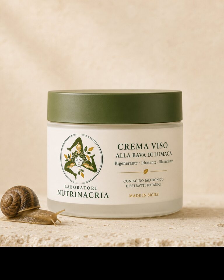 Vasetto della Crema Viso alla Bava di Lumaca su un blocco di travertino, con una lumaca accanto