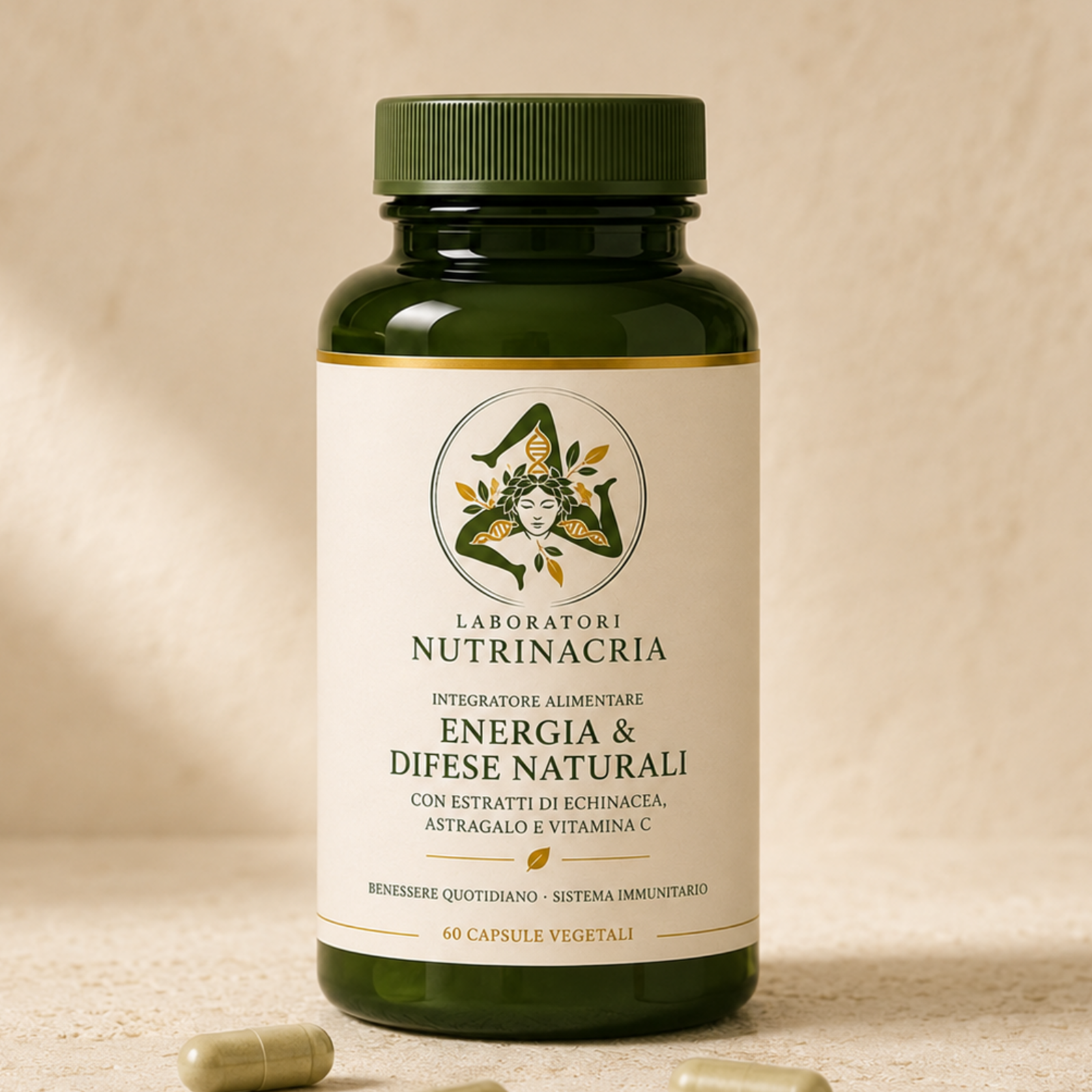 Flacone di Energia & Difese Naturali su un blocco di travertino